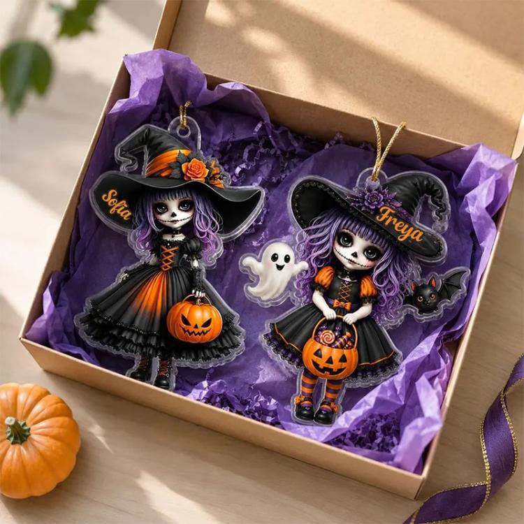 Boxed set of two Halloween witch acrylic hanging ornaments with jack-o-lanterns