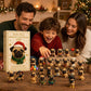 Fun pug advent calendar beside a family as they set out small pug figurines