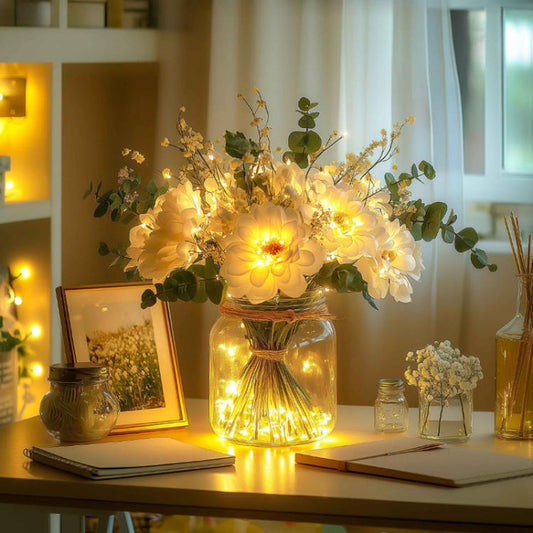 LED Faux Flower Bouquet Glass Bottle Decorative Light Desktop Ornament, 7CM x 7CM x 13CM