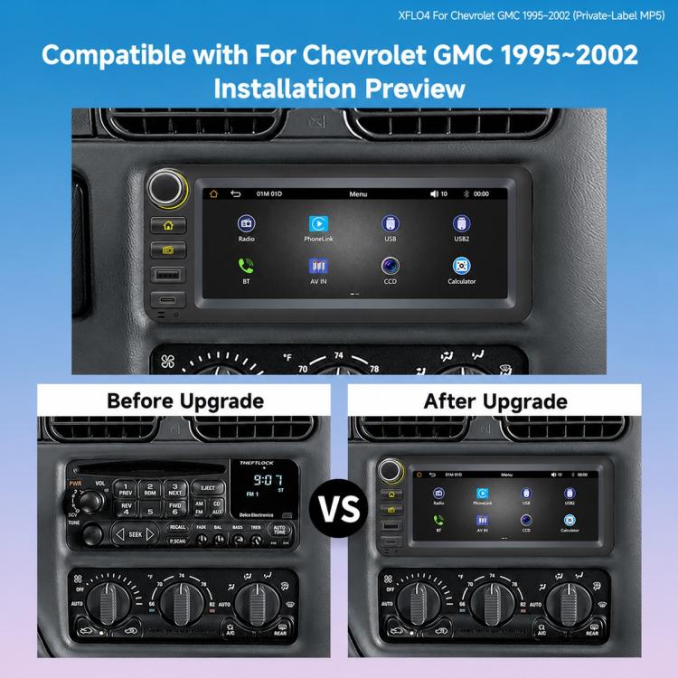 In-dash MP5 player installed in Chevrolet dashboard, touchscreen display visible