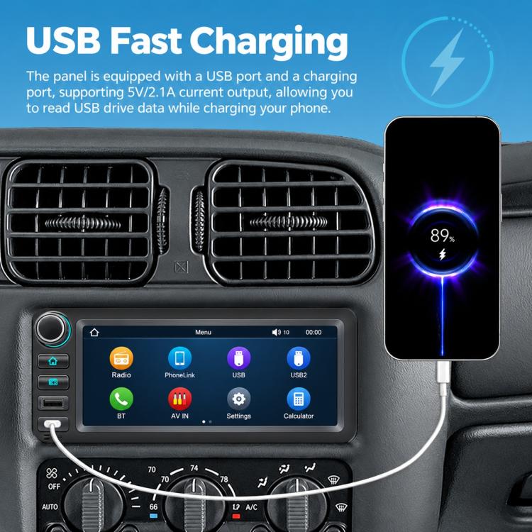 In-dash MP5 player with central touch screen and USB charging connector