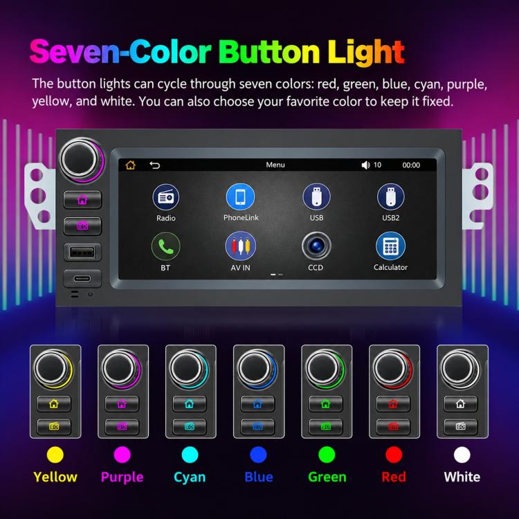 In-dash MP5 player with touch screen and seven-color illuminated control buttons
