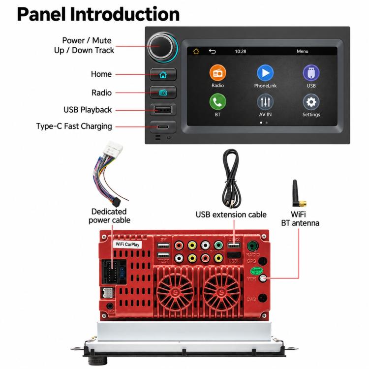 In-dash MP5 player panel with touch display and power/mute, track, and charging options