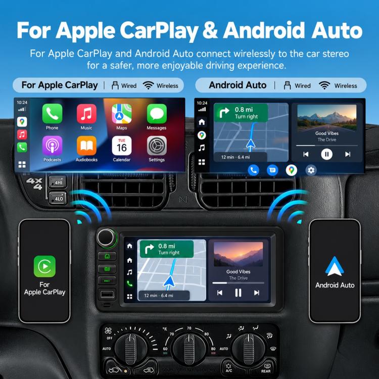 In-dash MP5 player touchscreen showing navigation and media app tiles