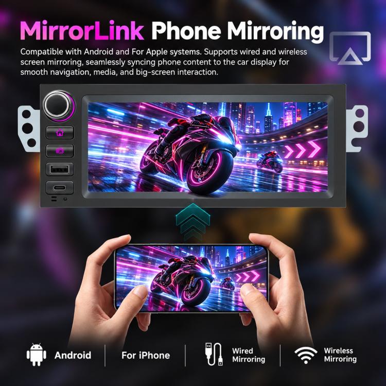 In-dash MP5 player with touchscreen displaying phone mirroring video content