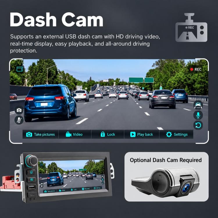 In-dash MP5 player touchscreen showing dash cam road playback