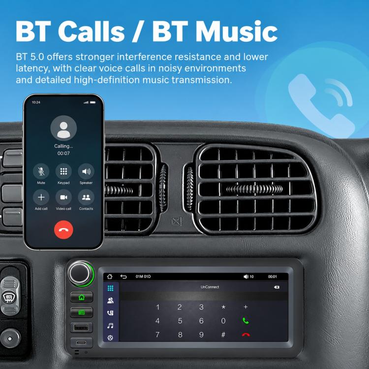 In-dash MP5 player touchscreen showing Bluetooth call keypad screen
