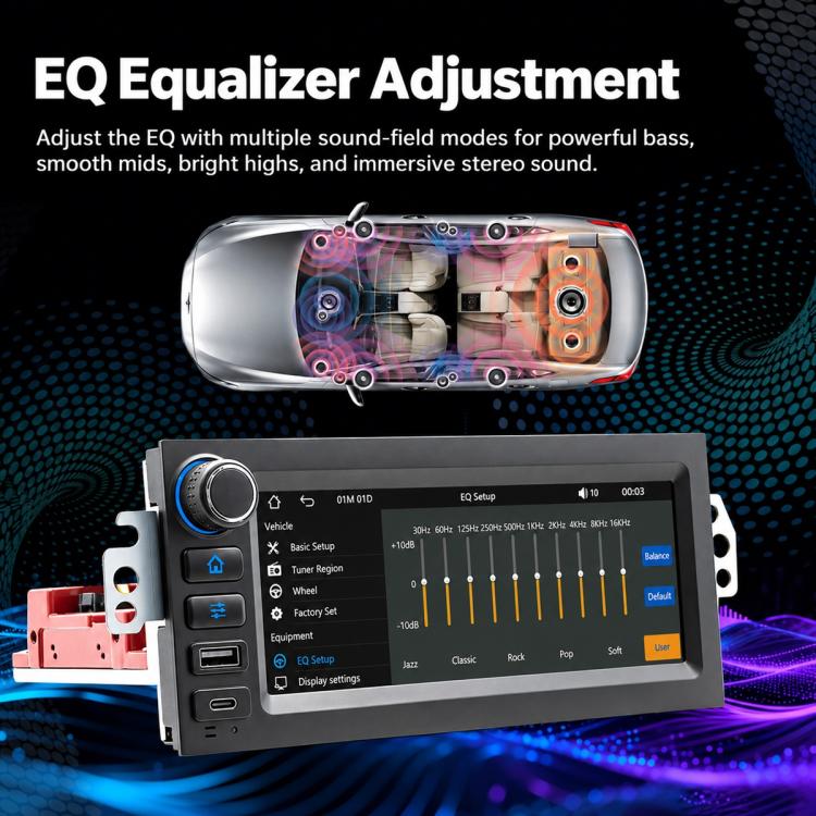 In-dash MP5 player touchscreen showing EQ equalizer adjustment settings
