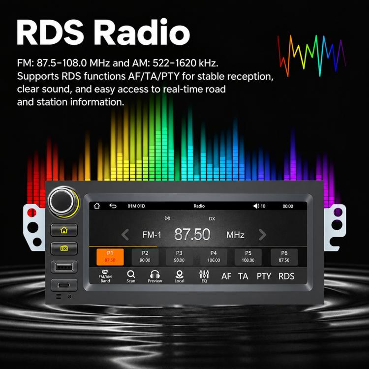 In-dash MP5 player touchscreen showing RDS FM radio station interface
