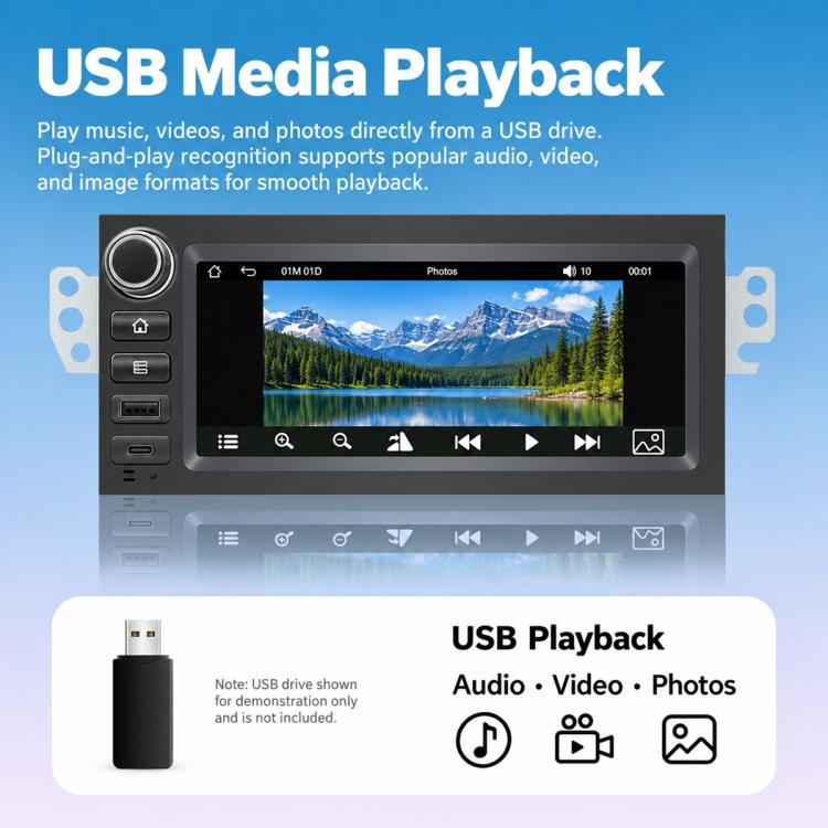 In-dash MP5 player touchscreen showing USB media playback photos screen