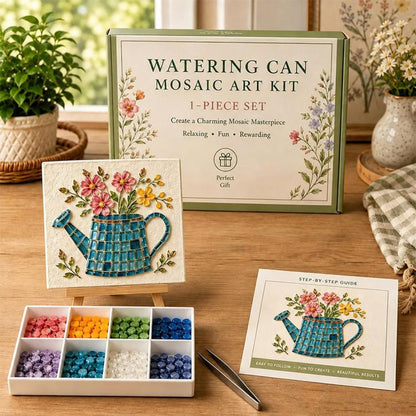 Watering can mosaic art kit with floral design board, tool, and colored tile tray