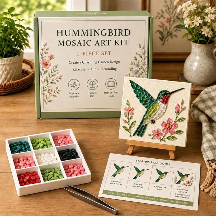 Hummingbird mosaic art kit with garden design board, step-by-step guide, and tile tray