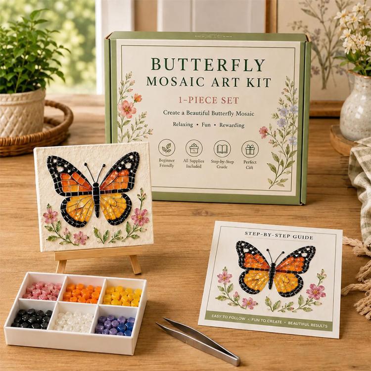 Butterfly mosaic art kit with butterfly design board, step-by-step guide, and tile tray