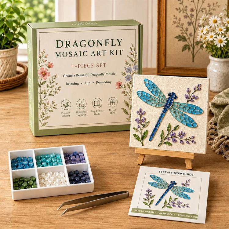 Dragonfly mosaic art kit with dragonfly design board, step-by-step guide, and tile tray