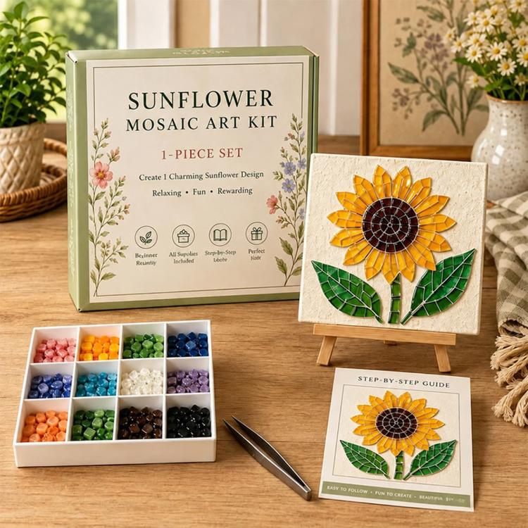 Sunflower mosaic art kit with sunflower design board, step-by-step guide, and tile tray