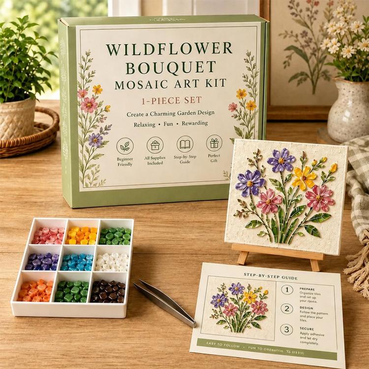 Wildflower bouquet mosaic art kit with floral design board, step-by-step guide, and tile tray