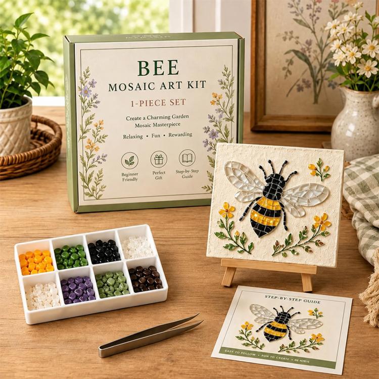 Bee mosaic art kit with bee design board, step-by-step guide, and multicolor tile tray