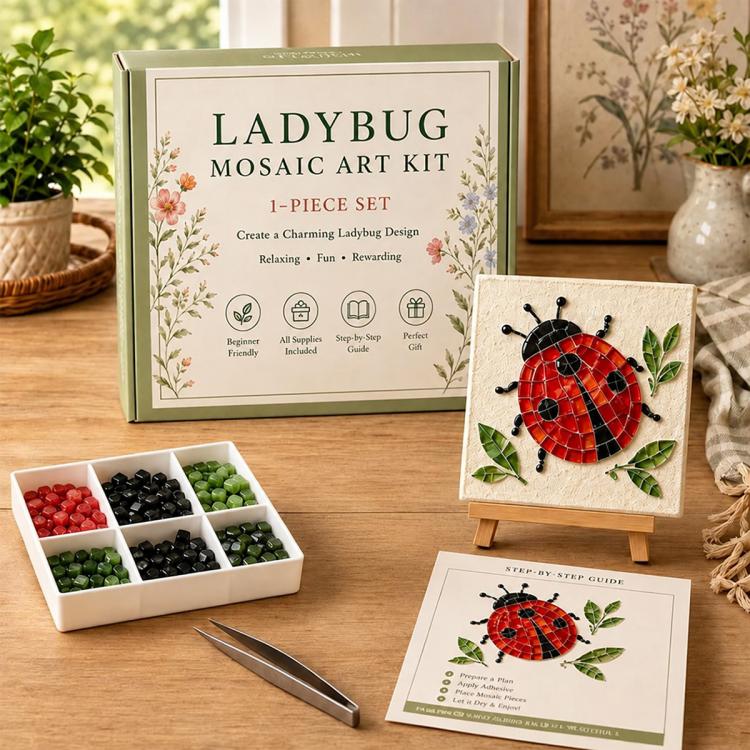 Ladybug mosaic art kit with ladybug design board, step-by-step guide, and tile tray