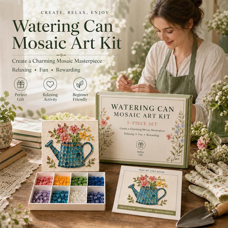 Watering can mosaic art kit box with finished design board, tile tray, and guide