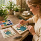 Watering can mosaic art kit craft in progress with design board, tile tray, and guide
