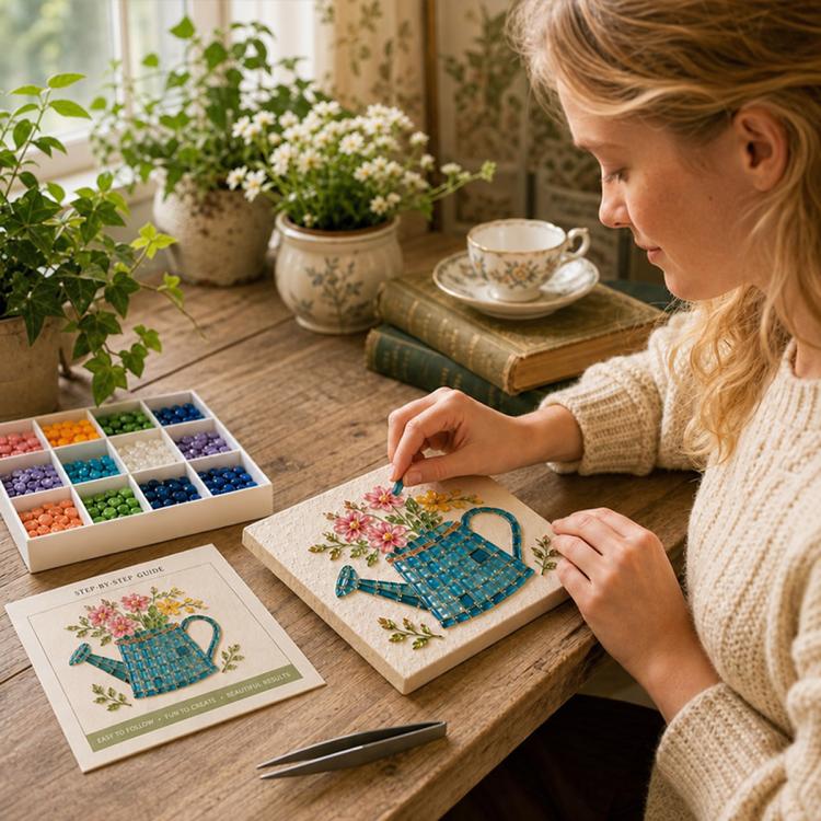 Watering can mosaic art kit craft in progress with design board, tile tray, and guide