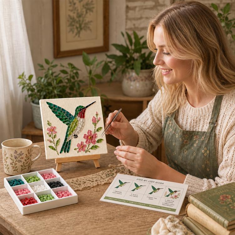 Mosaic art craft kit panel with hummingbird and wildflower flowers on a small easel