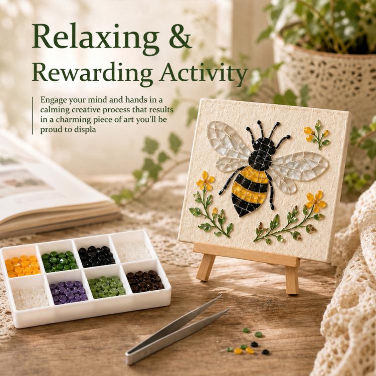 Mosaic art kit panel with bee motif, with mosaic bead tray and tools on tabletop