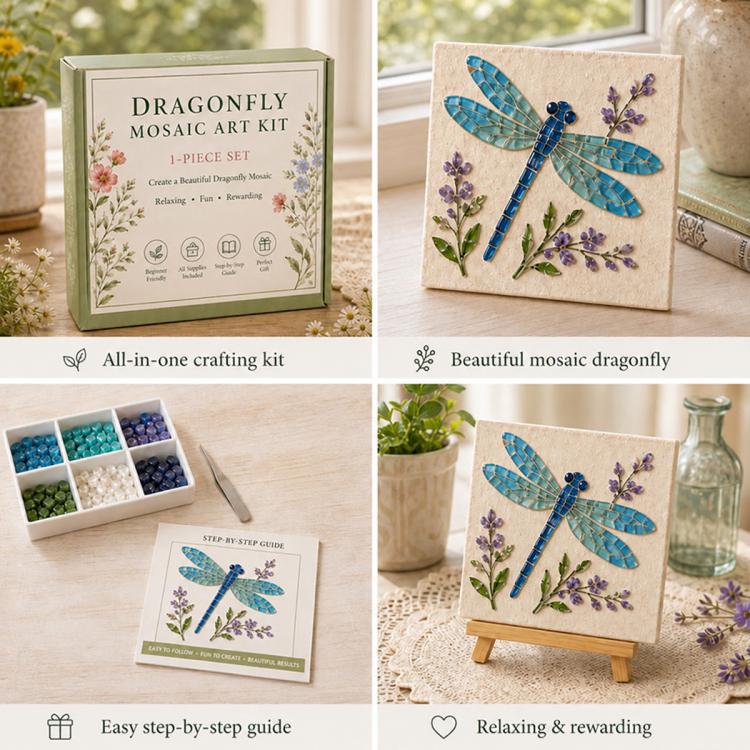 Dragonfly mosaic art kit box and completed dragonfly mosaic panel on wooden easel