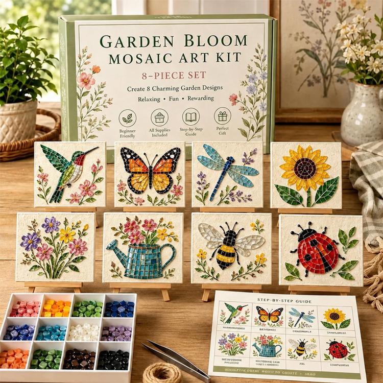 Garden Bloom mosaic art kit 8-piece set with sample garden mosaic panels and bead tray