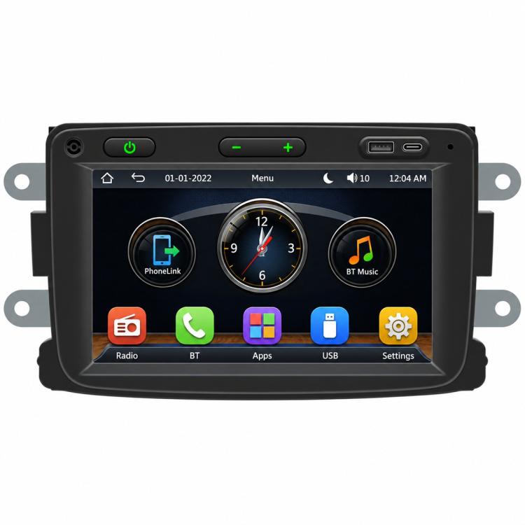 7-inch car MP5 head unit with touchscreen showing phone and music icons