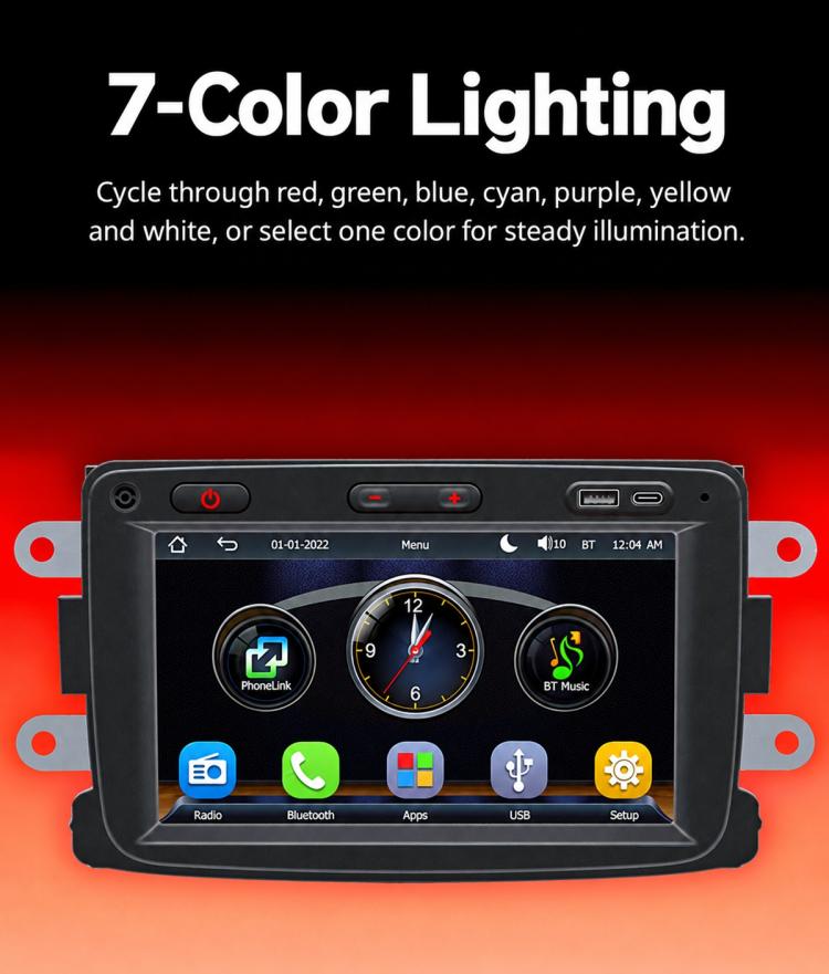 7-inch car MP5 player with dark touchscreen, power and volume buttons, and app-style icons