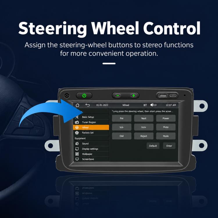 Car MP5 player showing steering-wheel control menu on the screen