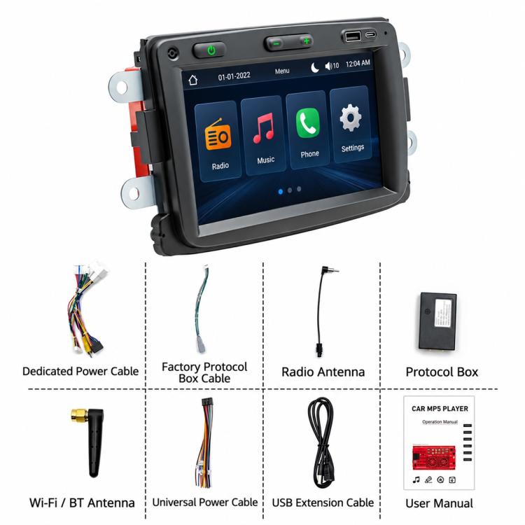 Car MP5 player kit shown with unit, antennas, cables, and protocol box components