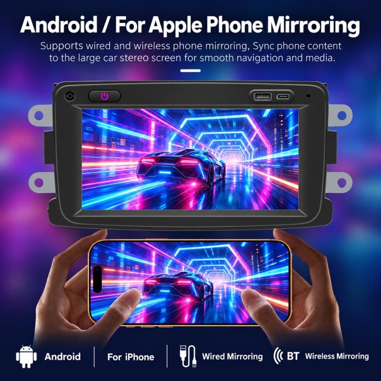 7-inch car MP5 head unit touchscreen showing phone mirroring video