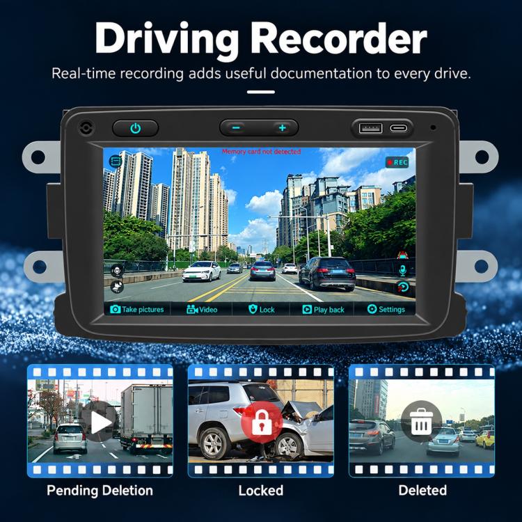 7-inch car MP5 head unit touchscreen showing driving recorder video thumbnails