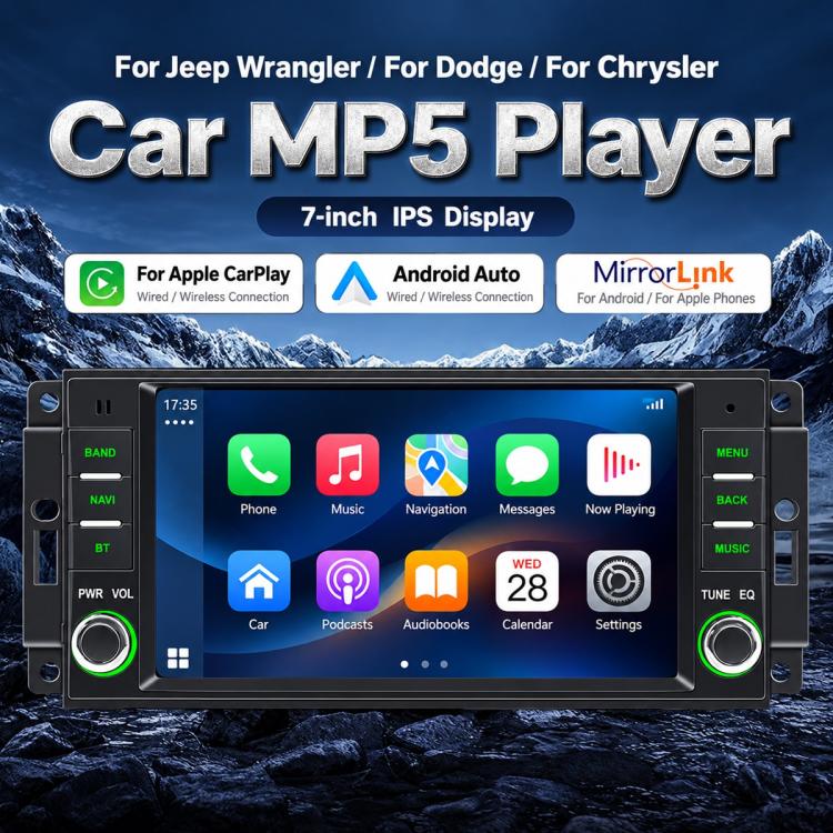 7-inch car MP5 player with touchscreen showing phone apps icons