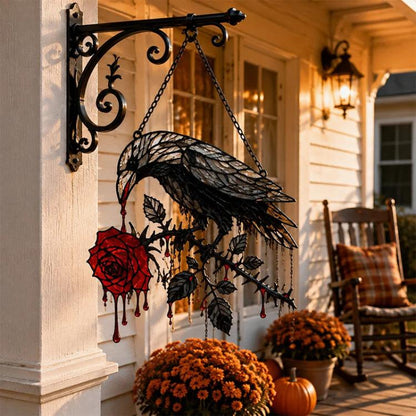 Black crow sun catcher ornament with hanging chain and red rose details