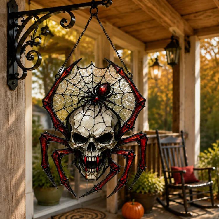 Hanging skeleton spider web sun catcher with skull face and dangling chain