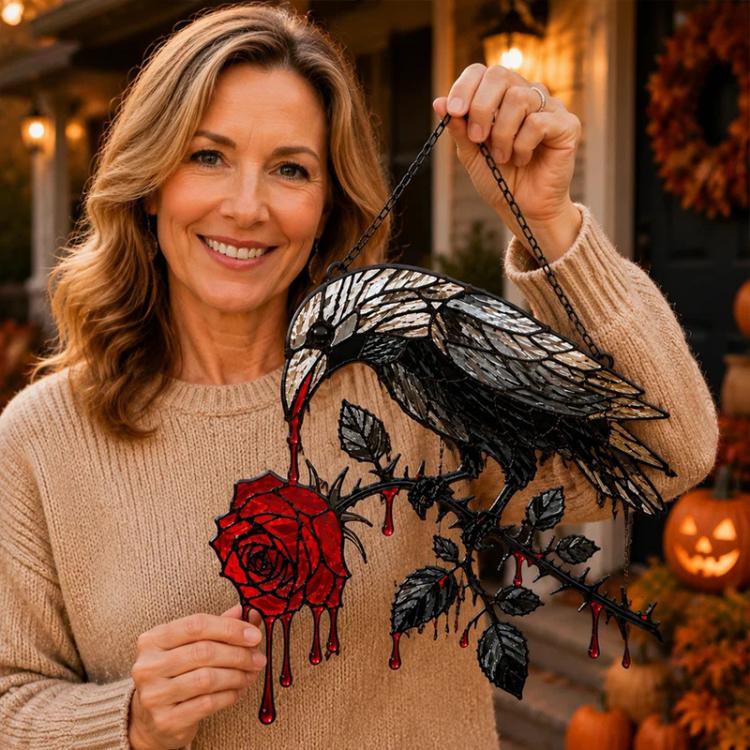 Person holding black crow sun catcher ornament with hanging chain and red rose accents