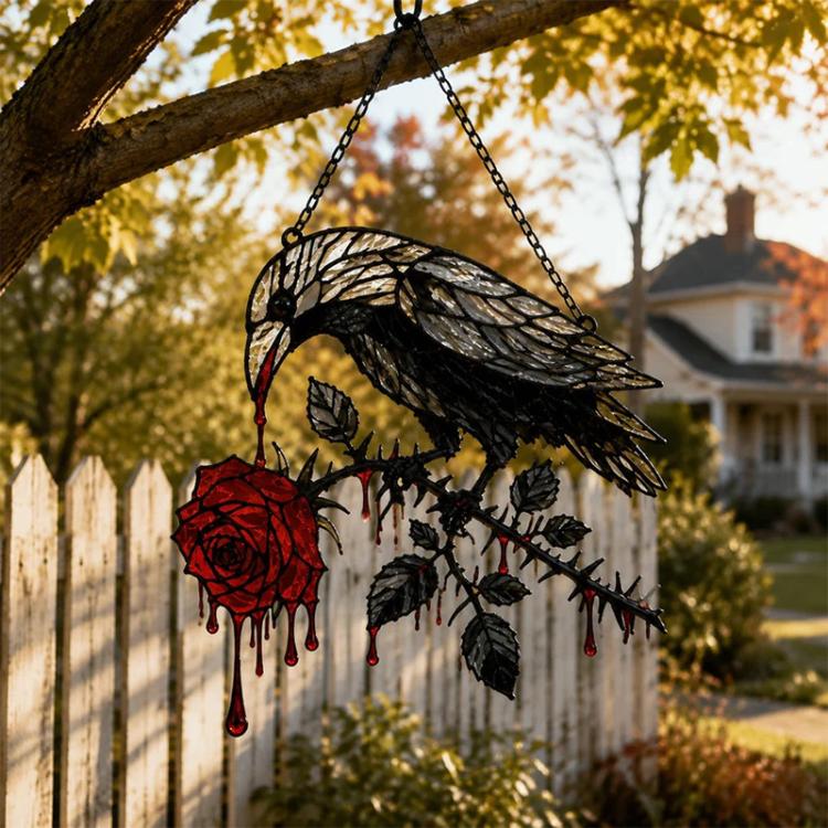Stained-glass style hanging sun catcher ornament with black crow and red rose