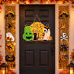 Halloween door hanging decor with cat, ghost, trick-or-treat pumpkin and candy icons.
