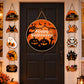 Halloween door hanging decor set with round pumpkin, bats, witch, ghost and skull cutouts.