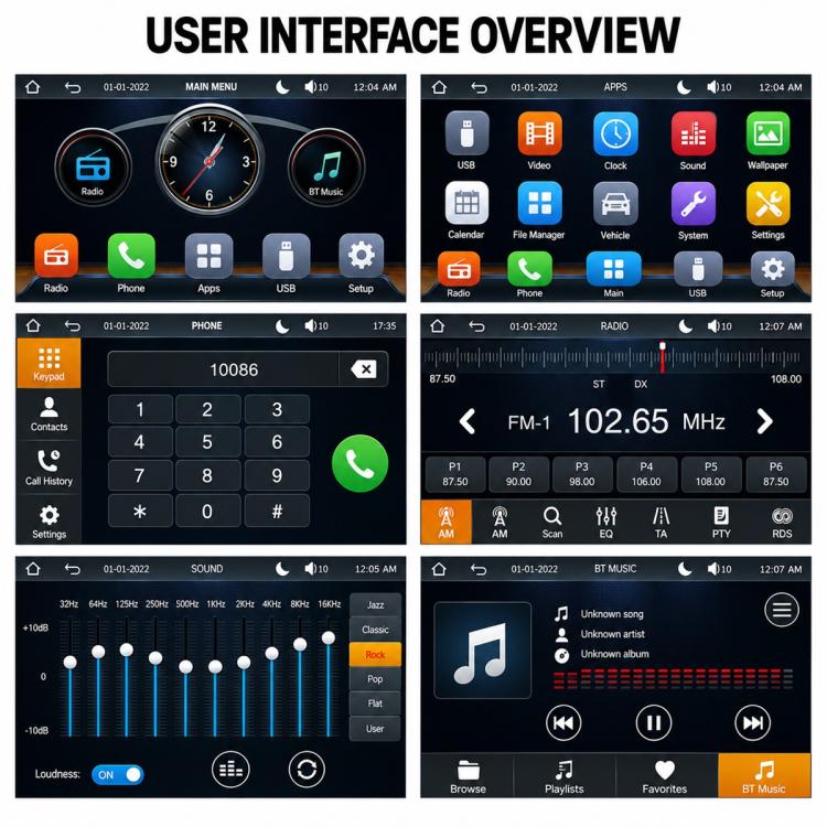 7-inch car MP5 player interface view with app icons on the touchscreen