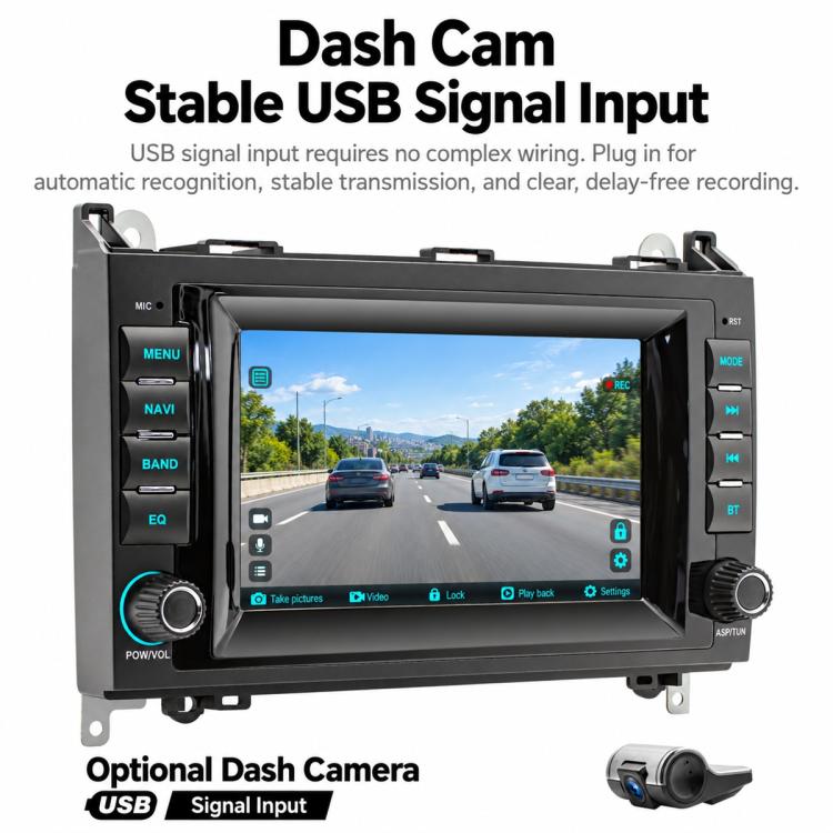 7-inch car MP5 player head unit with driving scene on touchscreen and knobs