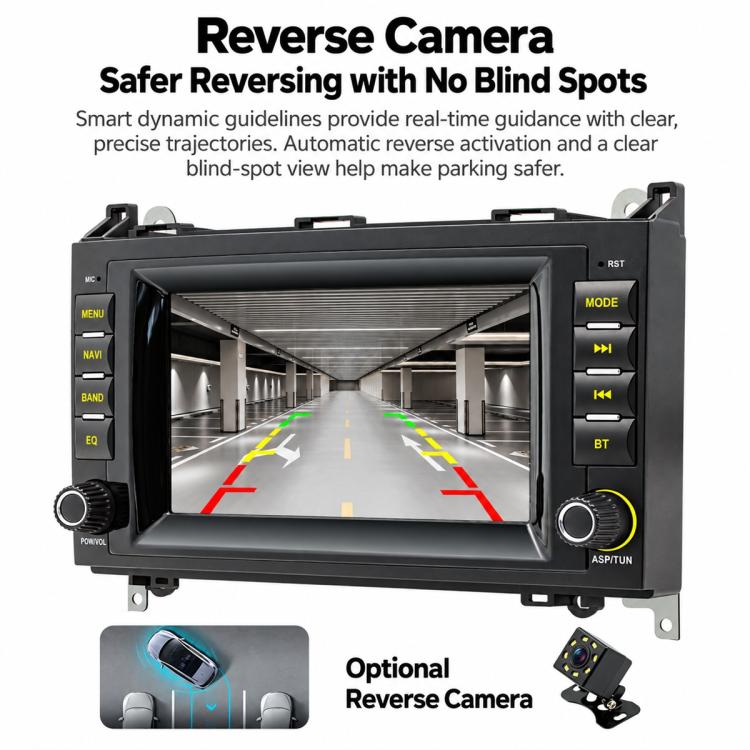 7-inch car MP5 player head unit showing reverse camera parking guide lines