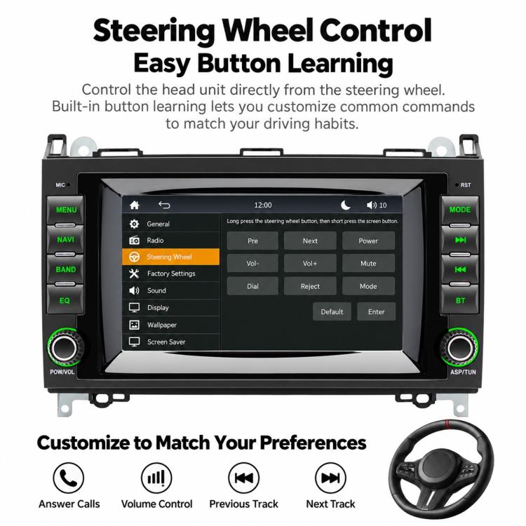 7-inch car MP5 player head unit with settings menu on touchscreen and steering controls