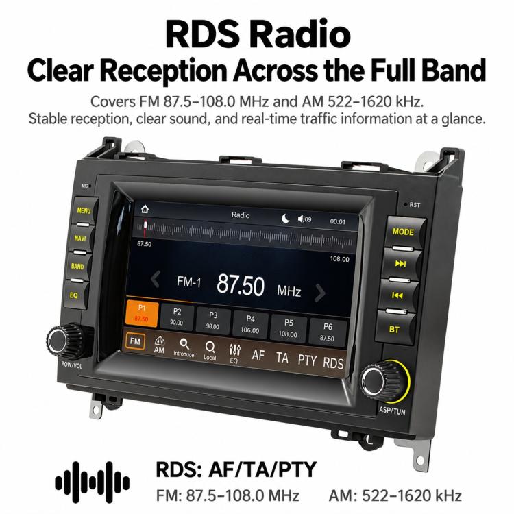 7-inch car MP5 player head unit showing FM radio screen with preset buttons