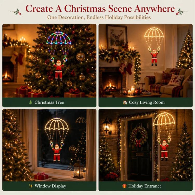 LED Santa parachute pendant light shown in multiple holiday placement scenes