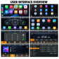 Car MP5 head unit UI screen with app icons, controls, and FM radio