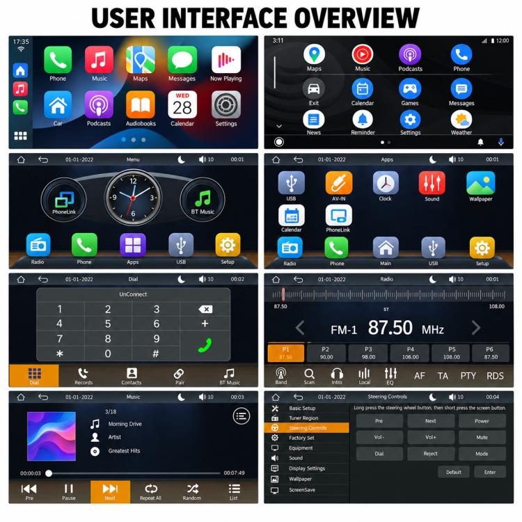 Car MP5 head unit UI screen with app icons, controls, and FM radio